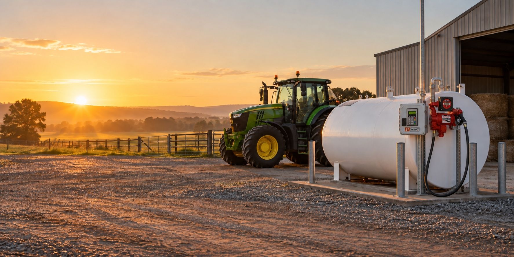 A farm diesel tank beside a machine shed at sunrise, with a tractor parked in the yard.