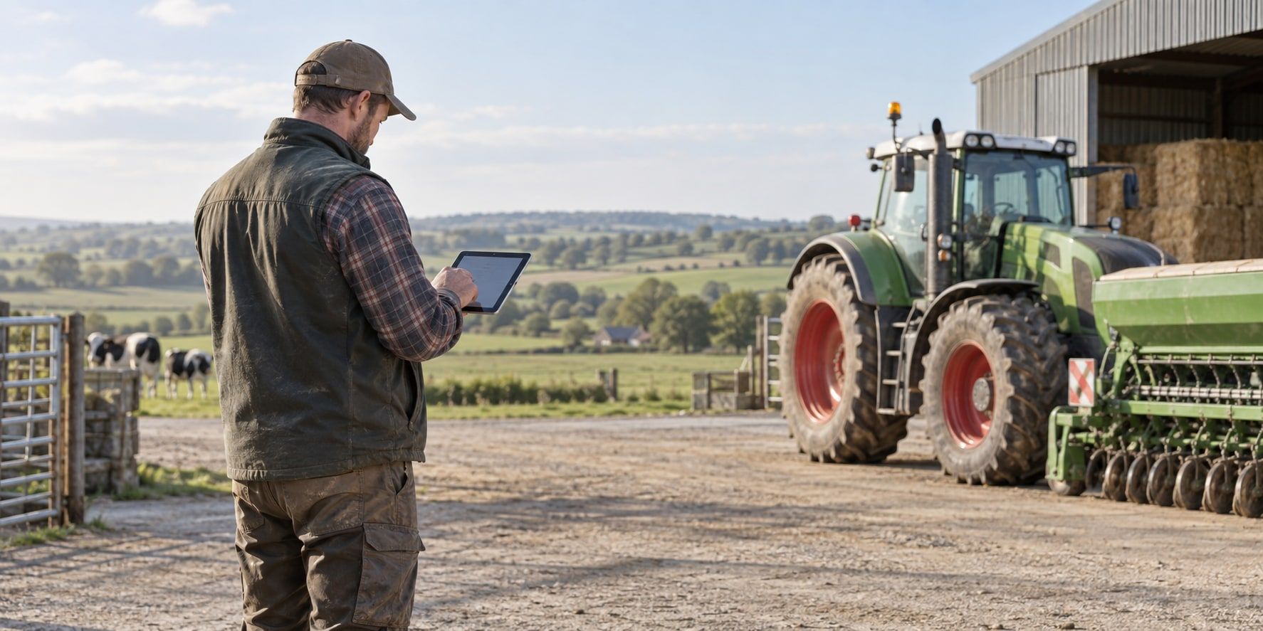A farmer in the yard checking records on a tablet, a tractor parked behind.