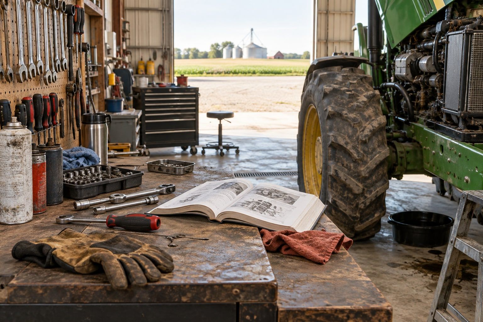 A farm shop workbench with wrenches, gloves and an open service manual, a tractor pulled in beside it.