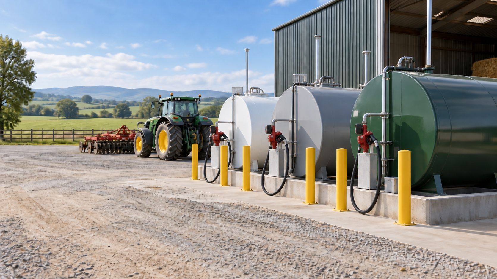 Three fuel tanks in a row on a concrete pad, each with a red Fill-Rite pump and hose behind yellow bollards, a tractor and disc harrow parked in the yard beyond.