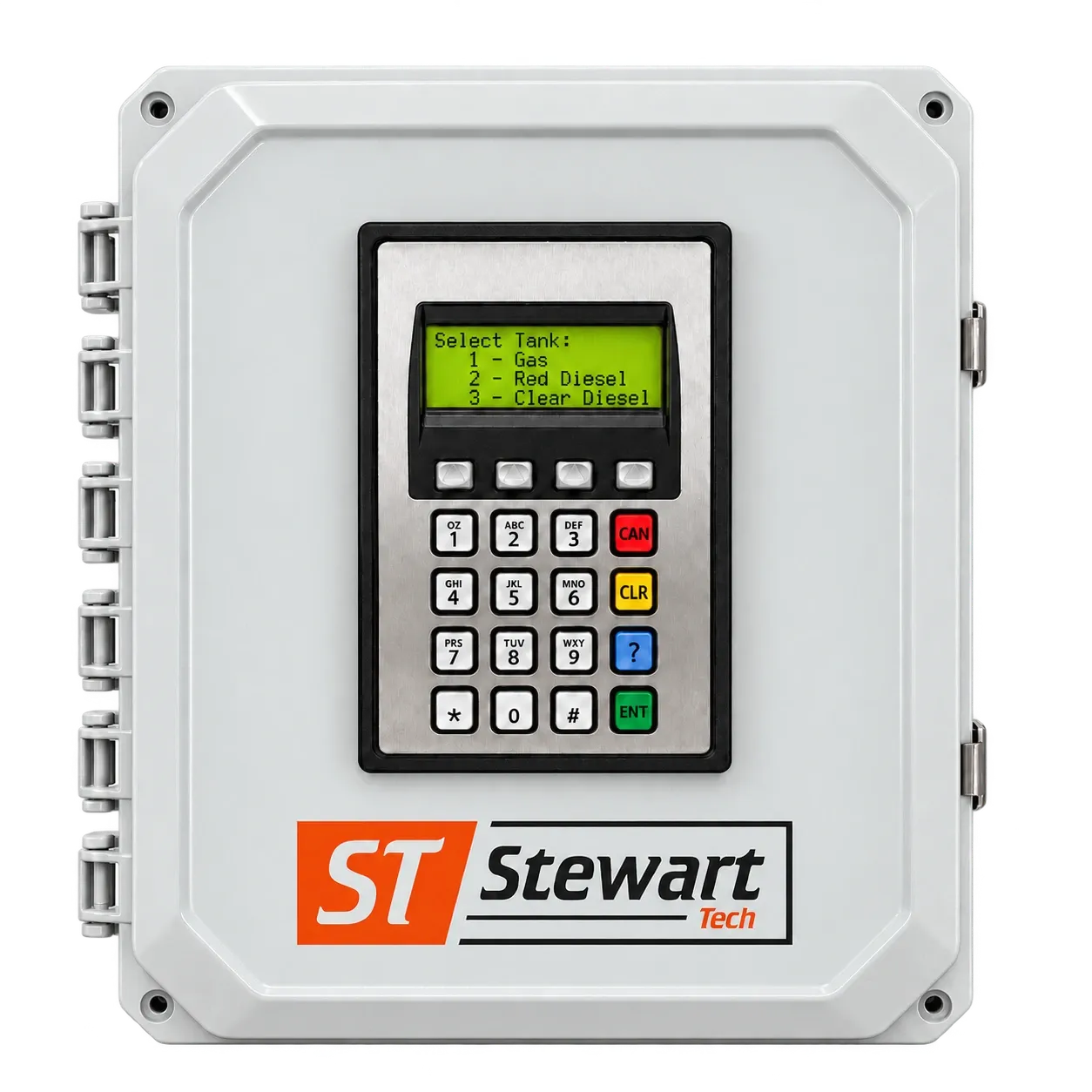 The ST100 fuel station: gray enclosure, green display and sealed keypad.