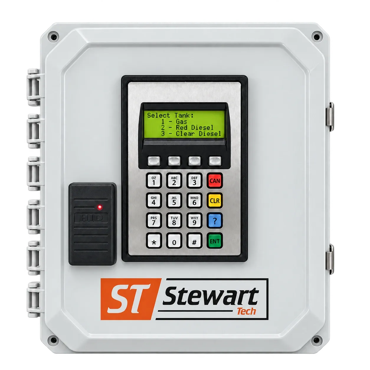 The ST100 fuel station: a gray enclosure with a four-line display, a sealed keypad and an RFID reader beside it.
