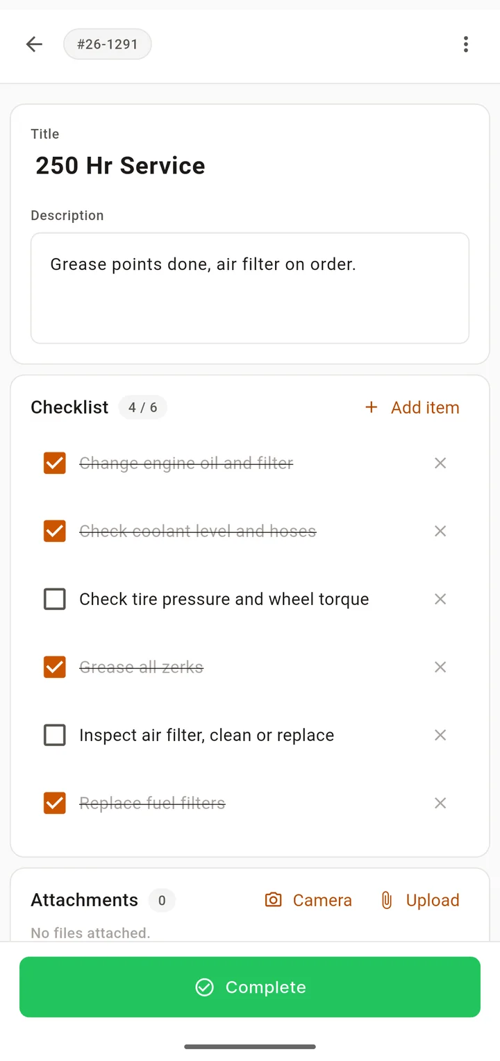 A maintenance task on the phone: a 250 hour service with a checklist four of six done, attachments and a comment box.