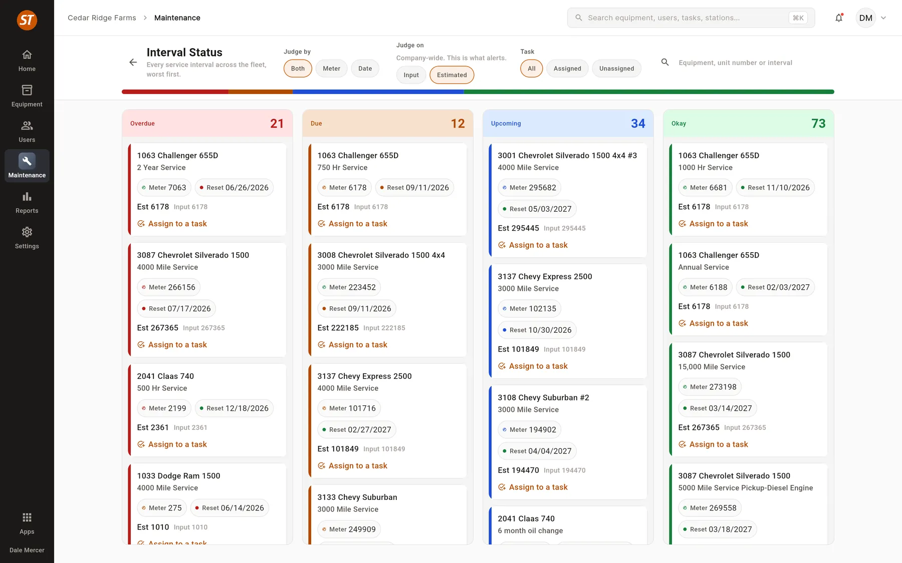 The interval status board in the web app, with 21 overdue, 12 due, 34 upcoming and 73 okay across a 45-machine fleet.