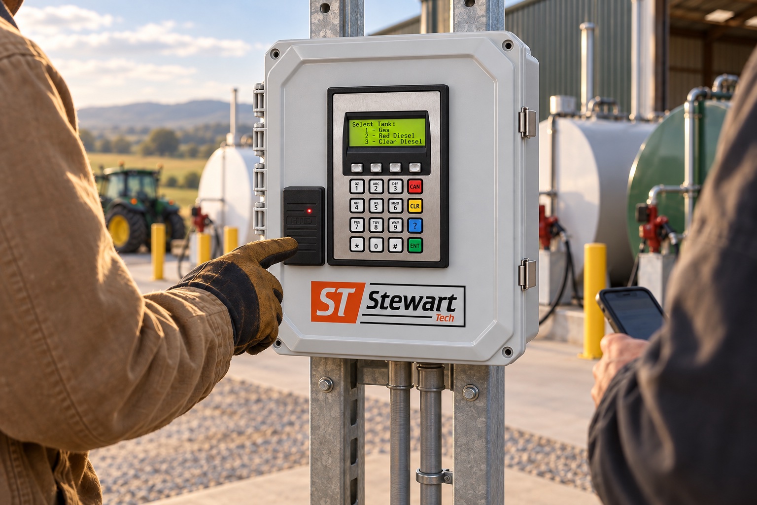 Two people at an ST100 fuel station in a fuel yard: one in work gloves reaches for the card reader beside the keypad while the other holds a phone with the app open.